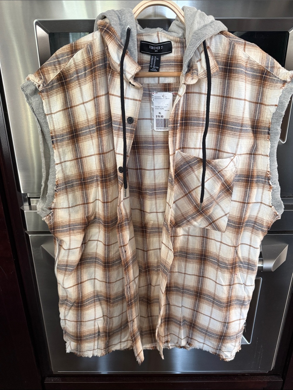 Forever 21 Cream & Brown Plaid Hooded Sleeveless Shirt Jacket NWT